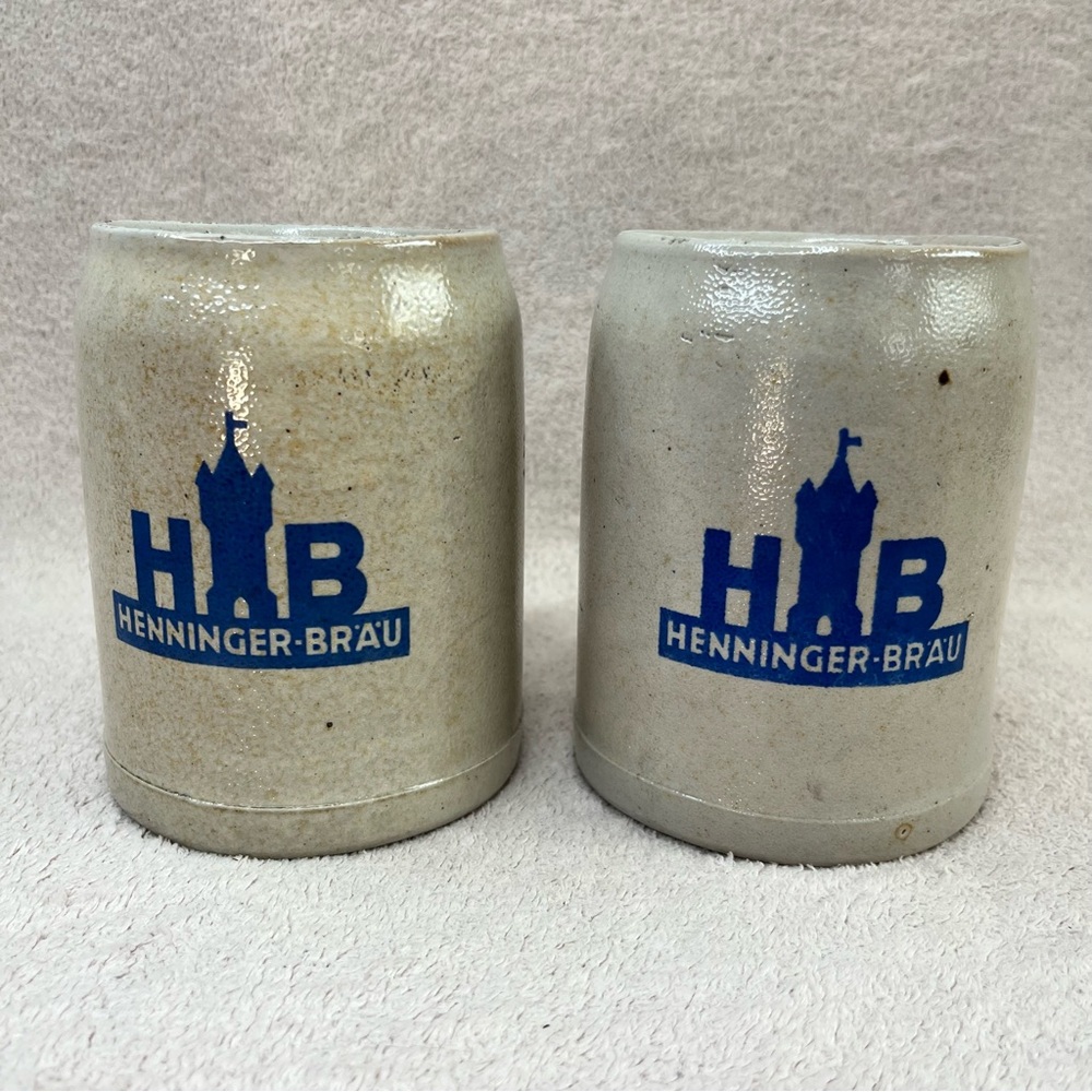 Vintage Henninger-Brau Stoneware Steins Set of 2 Frankfurt, Germany VTG Pottery
